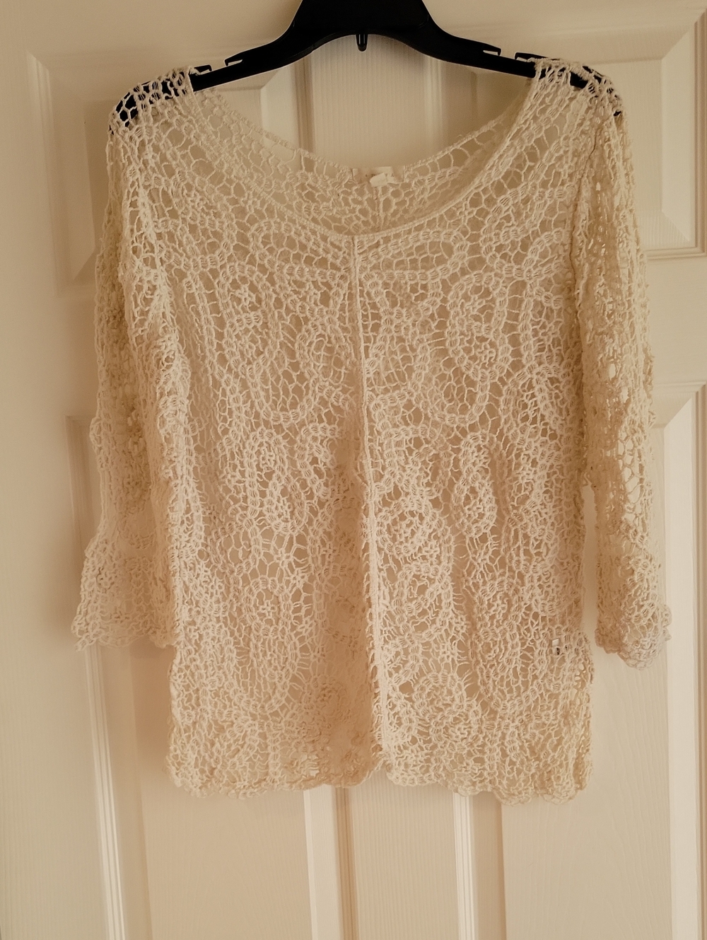 100 % Cotton Women's Cream Crochet Knit Top - Lightweight Layering Sweater Sz L